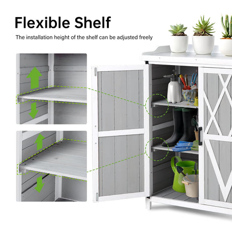 Outdoor Cabinet with Metal Tabletop Garden Potting Bench Table - Outdoor Garden Patio Wooden Storage Cabinet with Adjustable Shelf, Wooden Storage Cabinets, Weatherproof for Garden Patio Lawn EcoSummer