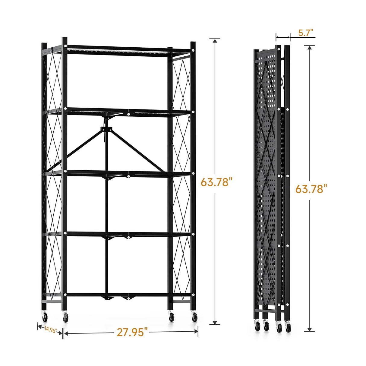 HealSmart Heavy Duty 5-Tier Foldable Metal Rack, 27.95" D x 14.96" W x 63.78" H Storage Shelving Unit 1250 lbs with Wheels Moving Organizer Shelves for Garage Kitchen, Black, 2 Pack HealSmart