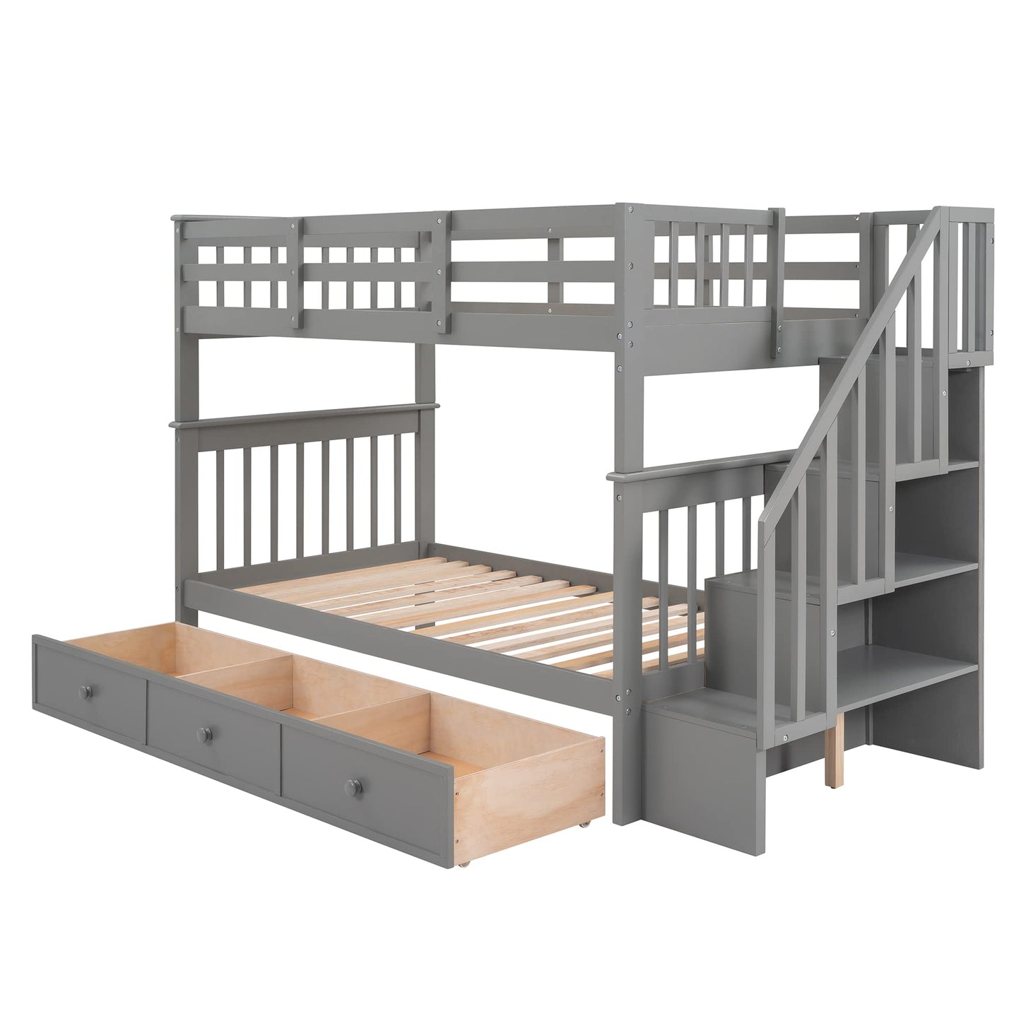 Harper & Bright Designs Twin Over Twin Bunk Bed with Stairs & Guard Rail,Twin Size Bunk Bed with Storage Drawers,Wood Bunk Bed Frame for Bedroom, Dorm, Kids, Teens, Adults (Twin, Gray)