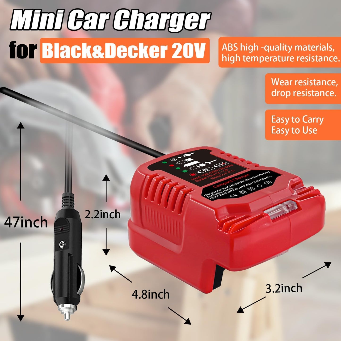 for Black&Decker 20V Lithium Battery Charger Replacement, Car Charger Charge for B&D 20V/for Porter Cable 20V Lithium Battery Mini Charger with Cigarette Lighter Plug Vehicle Charger - WoodArtSupply