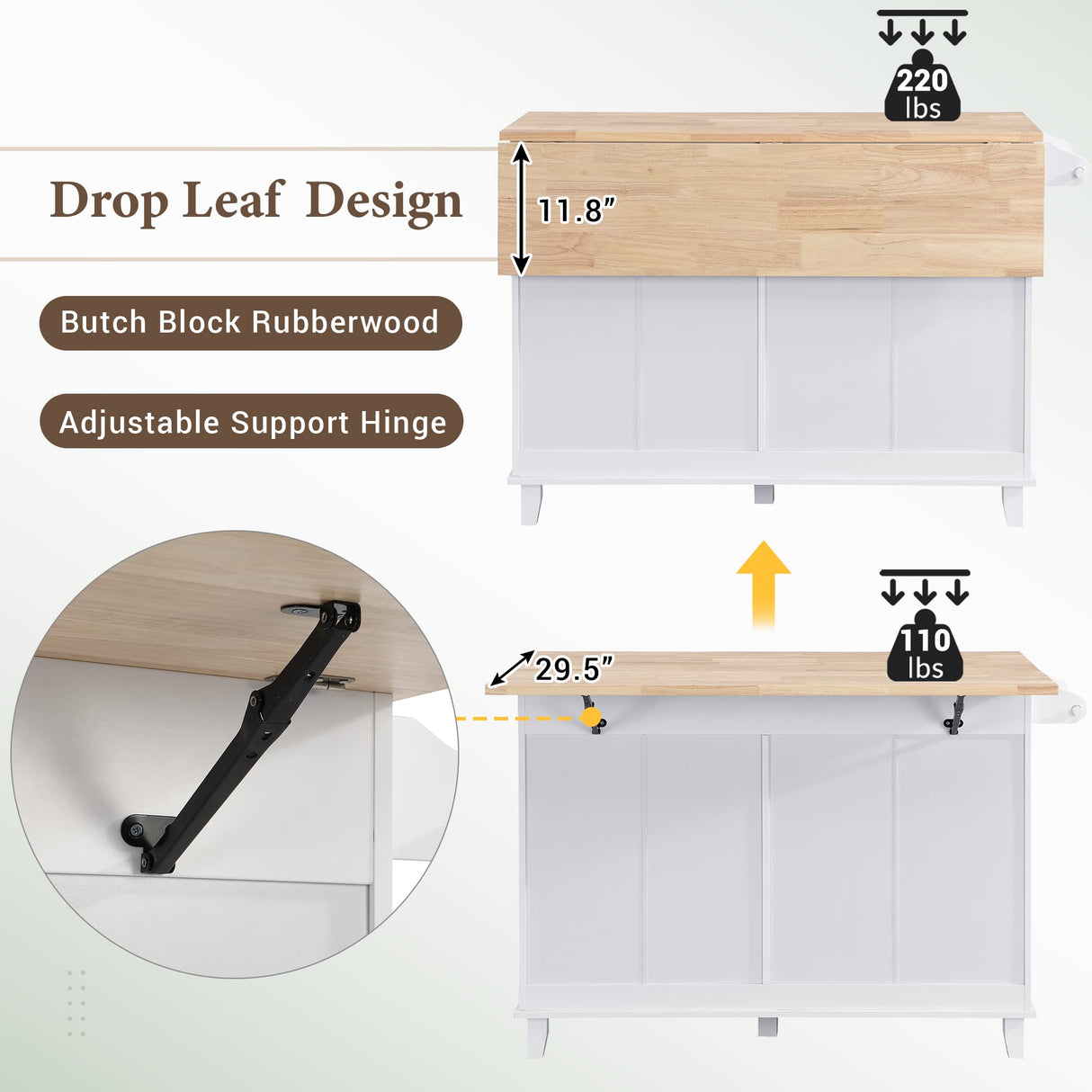 Merax Kitchen Island Set with 2 Stools, Solid Wood Dining Table with Drop Leaf Design, Storage Cabinet, Drawers and Towel Rack, 50.3" x 29.5", White Merax