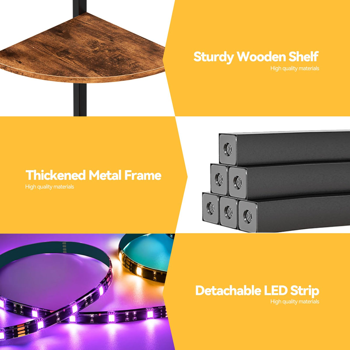 Furnulem 5 Tier Corner Shelf with LED Light, 67.2” Tall Standing Shelf for Wall Corner, Narrow Bookshelf Ladder Shelf for Bedroom, Living Room, Plant, Wood Storage Rack, Metal Frame (Rustic Brown) Furnulem