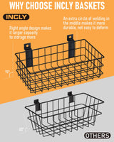 INCLY 4 Pack Black Slatwall Baskets Set, Ventilated Metal Hanging Storage Slat Wall Basket, Mounted Slatwall Accessories for Garage Rooms Shops Storage Organizing Display on Slatwall Panels INCLY