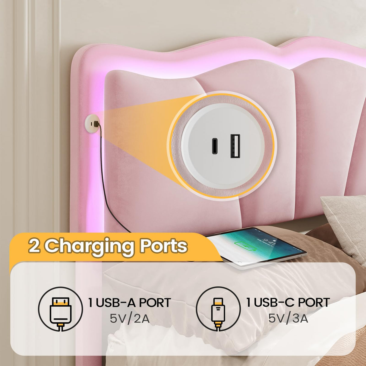 FORABAMB Full Size Bed Frame with 4 Drawers, Upholstered LED Bed Frame with Adjustable Flowers Headboard, Platform Bed Frame Full Size with Wooden Slats Support, No Box Spring Needed, Pink FORABAMB