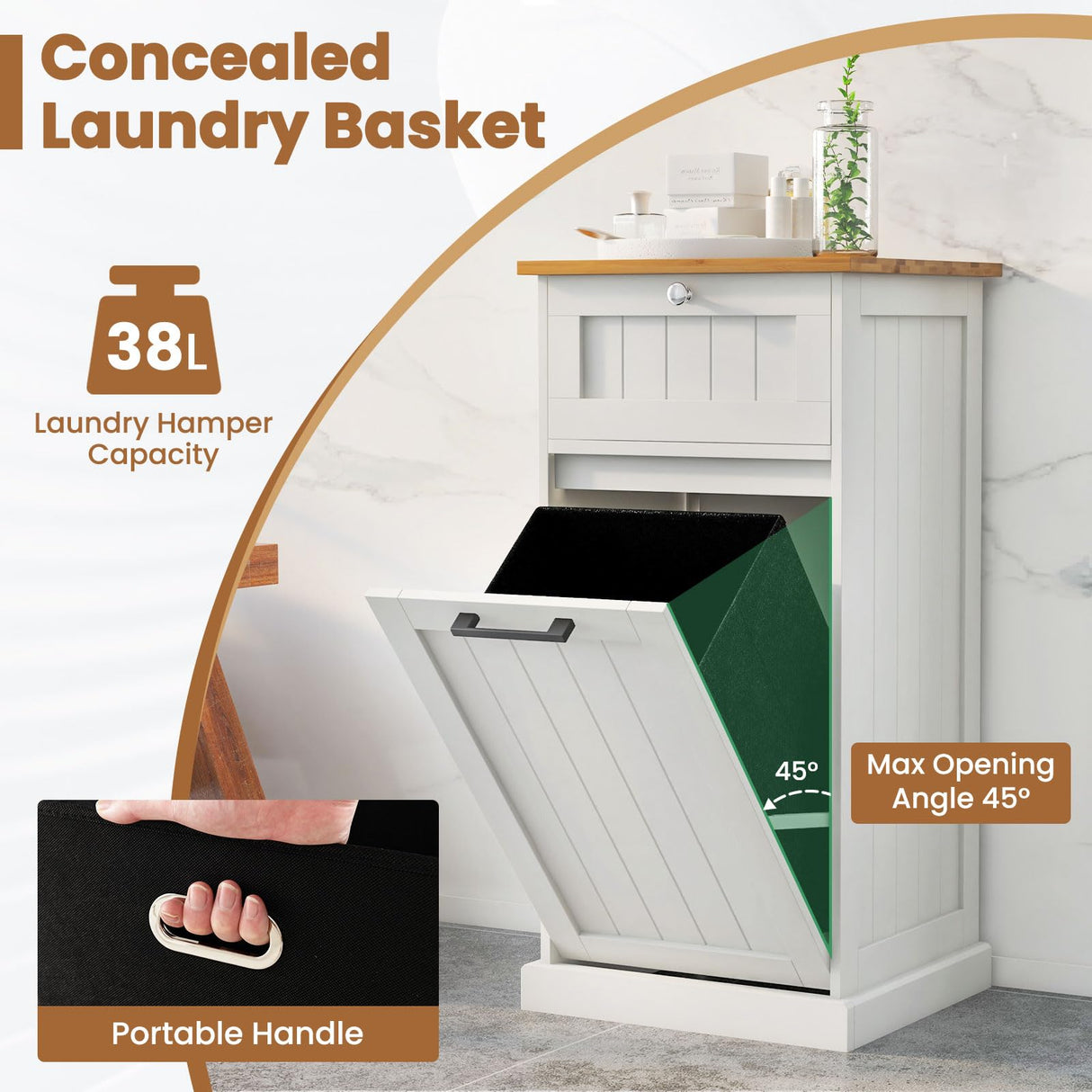 LOKO Tilt Out Laundry Hamper Cabinet, Freestanding Bathroom Storage Cabinet with Removable Basket, 10 Gallon Hidden Wood Laundry Cabinet with Drawer & Bamboo Countertop, for Bedroom, White LOKO