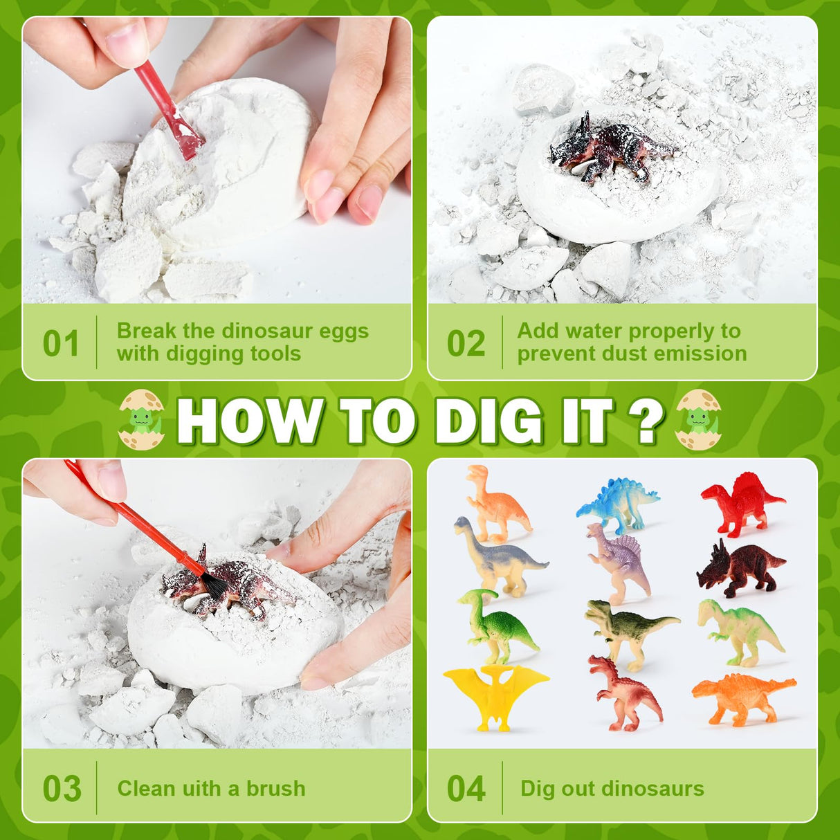 kolegend 12 Pack Dino Eggs Dig Kit and T. Rex Skull Dinosaur Eggs Excavation Set Easter Gift Dinosaur Toys Science Experiments Kits for Kids Easter Basket Stuffers Toys for 3+Year Old Boys Girl kolegend
