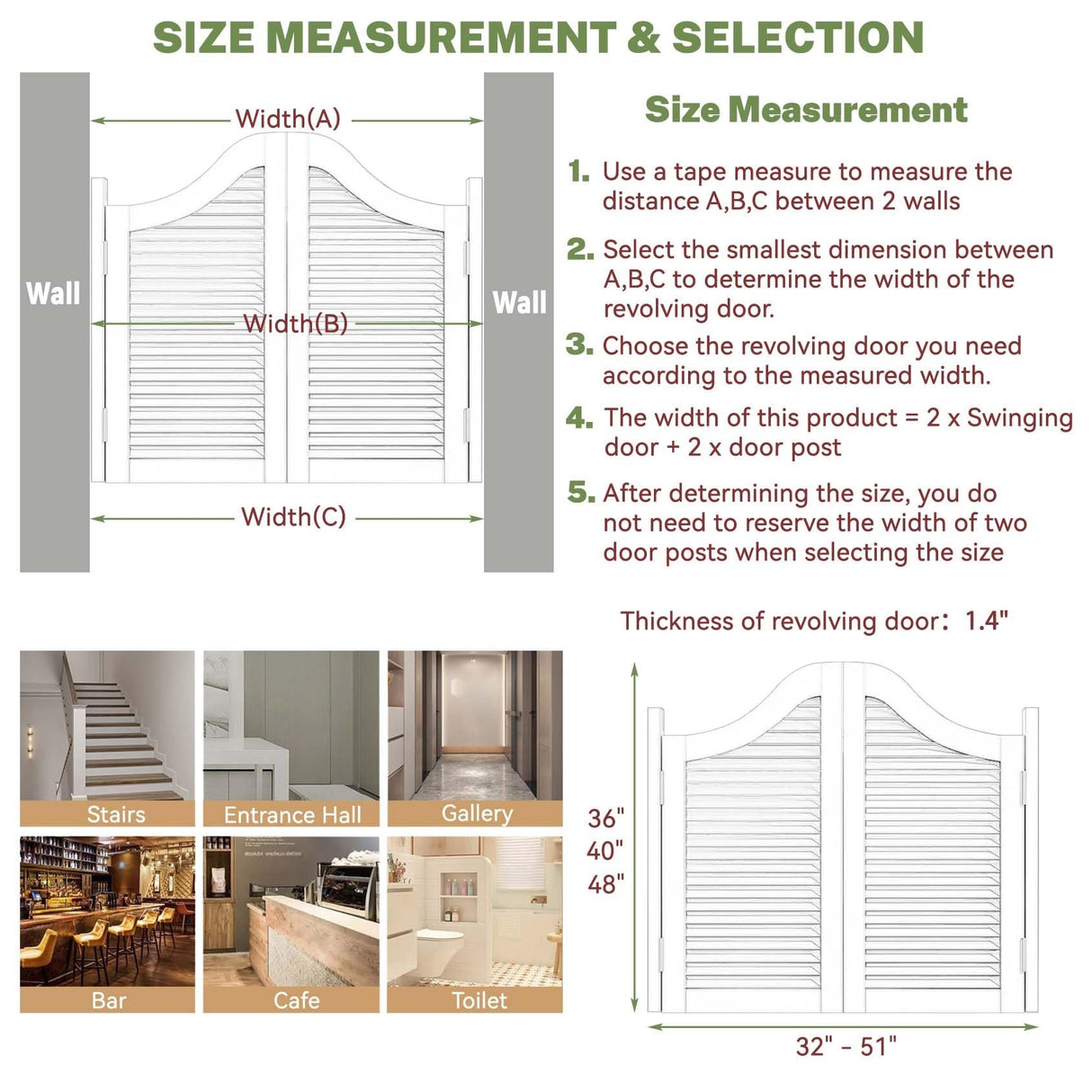 Modern Cafe Swing Doors 32" 33" 34" 35" 36" 37" 38" 39" 40" 45" Wide Solid Wood Saloon Swinging Doors with Hinges and Hardware Dutch Half Door for Kitchen Laundry Room Hallway Partition(White,W 42" x YiMengMao