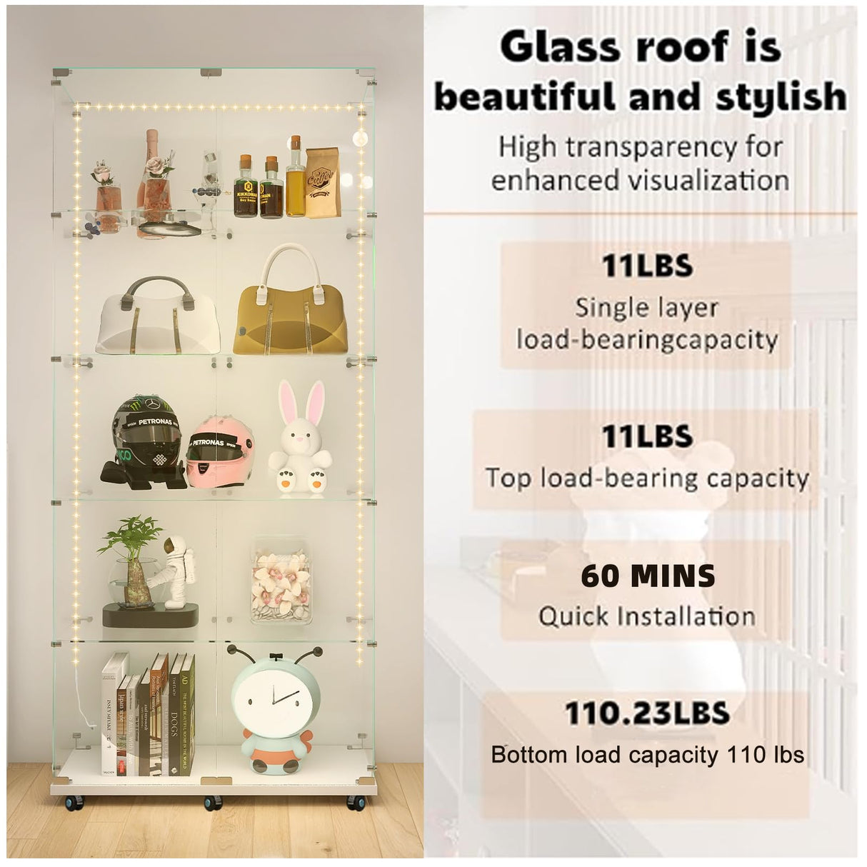 Buzleer Glass Display Cabinet with Lock LED Lighting 5-Tier 2-Door Curio Cabinets Full Vision Showcase Tempered Glass Display Case with Wheels for Living Room Bedroom Office, 74.6"*30.9"*13.6",White Buzleer