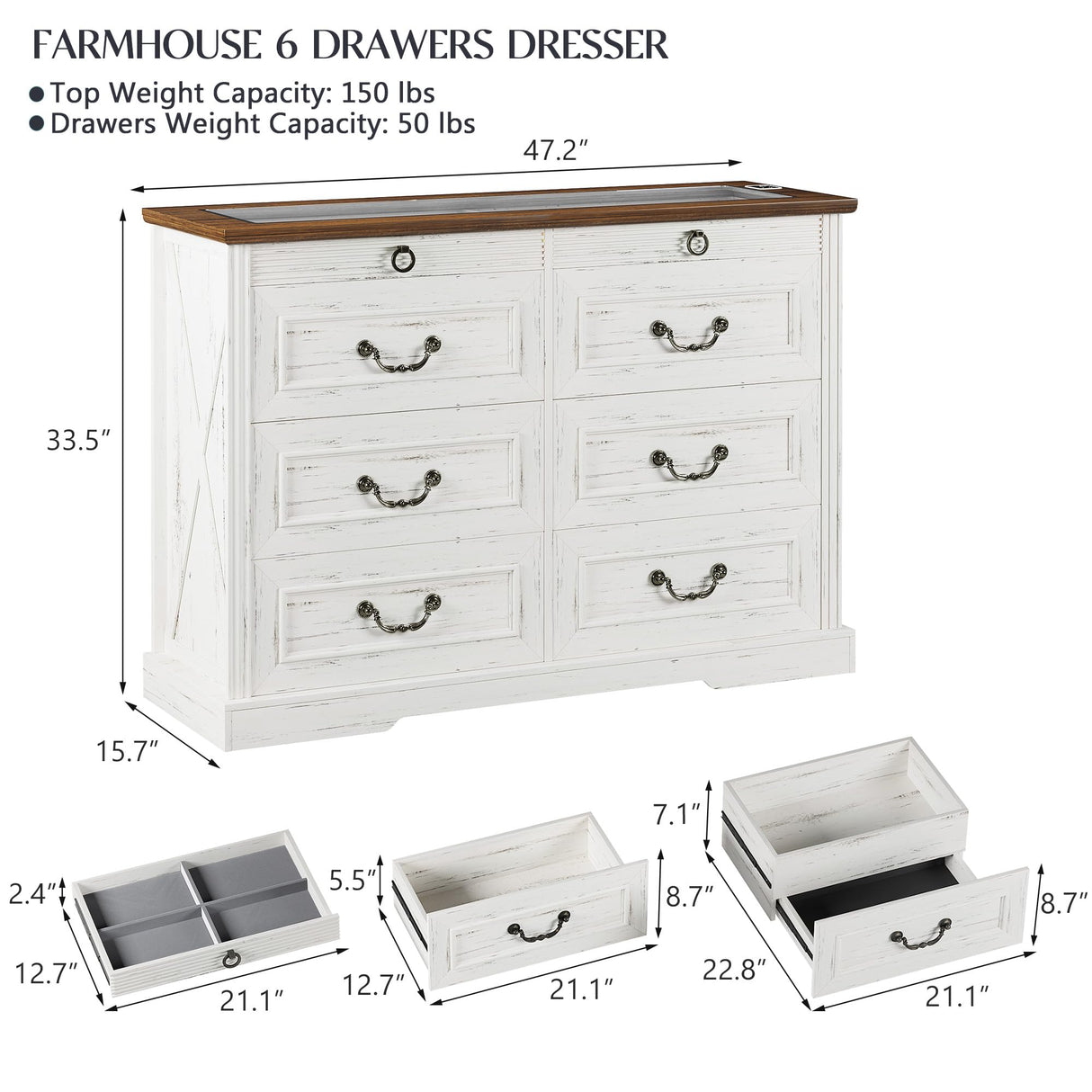 Lareth Farmhouse 6 Drawer Dresser for Bedroom 47 inch Wooden Double Chest of Drawers with Glass Top LED Lights Charging Station One Hidden Drawer Closet Dresser Tv Stand for Living Room, Antique White Lareth