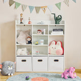 Redlife 7 Cube Bookshelf, White Cube Organizer with 3 Storage Bins, Wooden 3-Tier Bookcase with Adjustable Shelves, Modern Floor Standing Open Shelf Cabinet for Bedroom, Living Room and Office Redlifeᅟᅠ