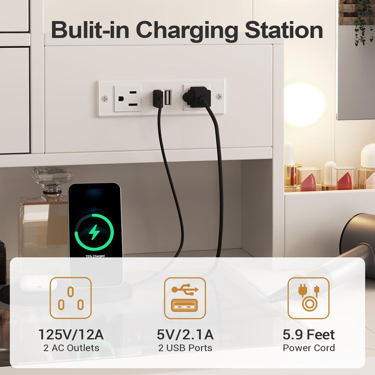 BTHFST Makeup Vanity Desk with Mirror and Lights & Charging Station & Makeup Stool, Vanity Table Set with Glass Top Storage Drawer & Beach & 3 Shelves for Bedroom (Modern White & Black) BTHFST