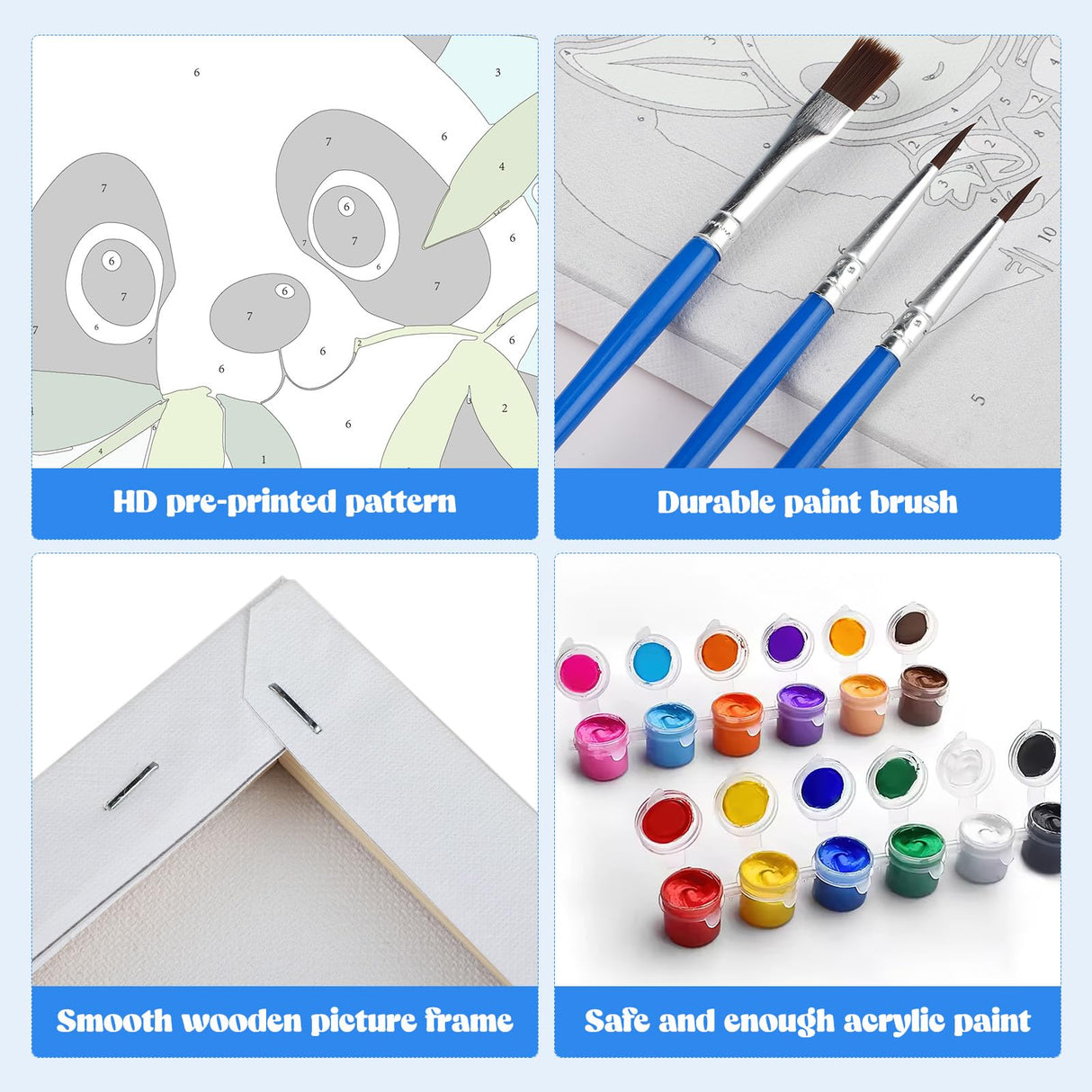 MXJSUA 4 Pack Framed Canvas Paint by Numbers for Kids Adults, Cute Pandas Paint by Numbers Kit for Children Beginners, DIY Acrylic Painting Craft Kits for Home Wall Decor, 8x8 inch MXJSUA