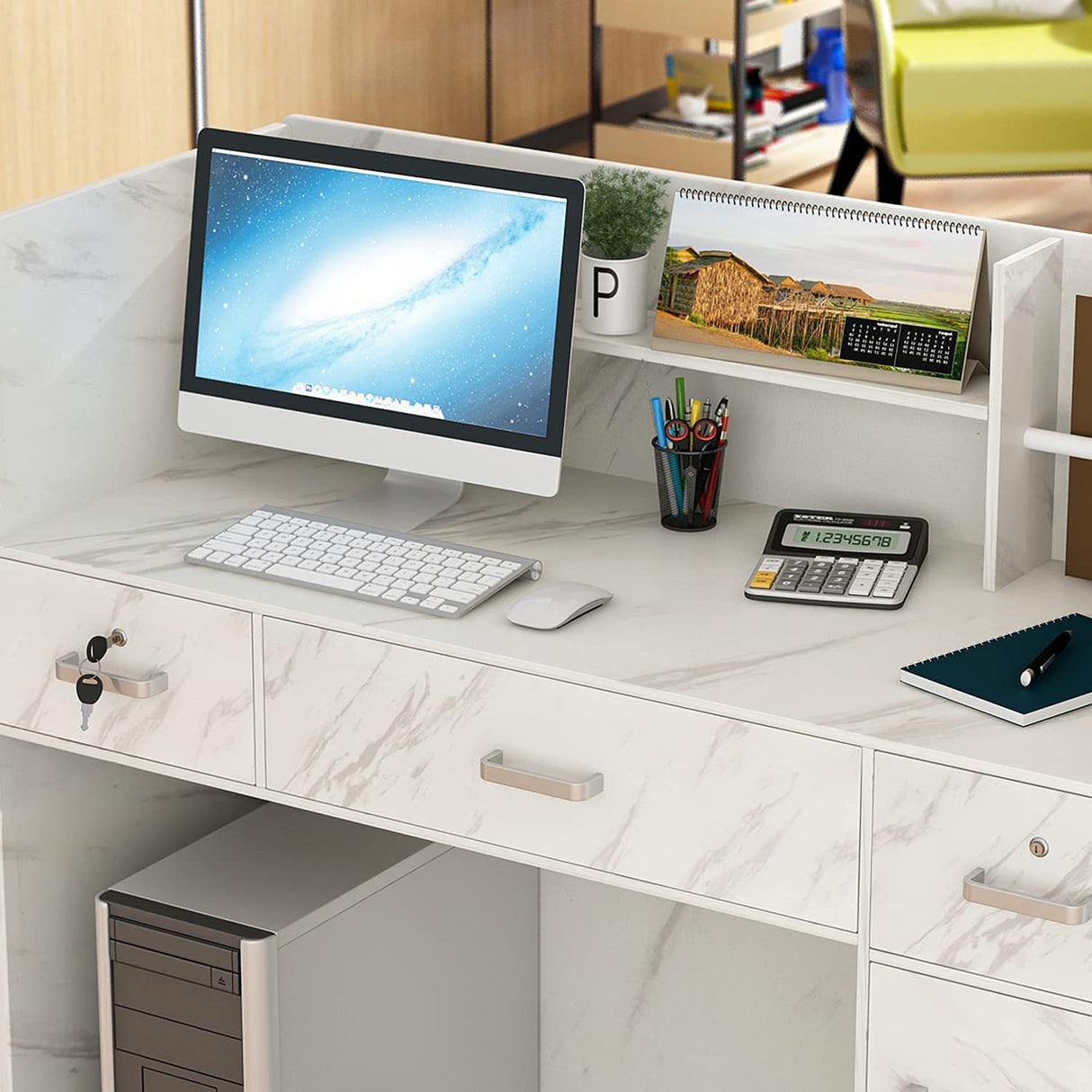 Homsee Modern Reception Desk with 3 Drawers, 1 Door Storage Cabinet & Hutch Shelf, Office Wooden Computer Desk, Writing Study Table PC Laptop Desk, White Marble (47.3" L x 18.3" W x 43.3" H) Homsee