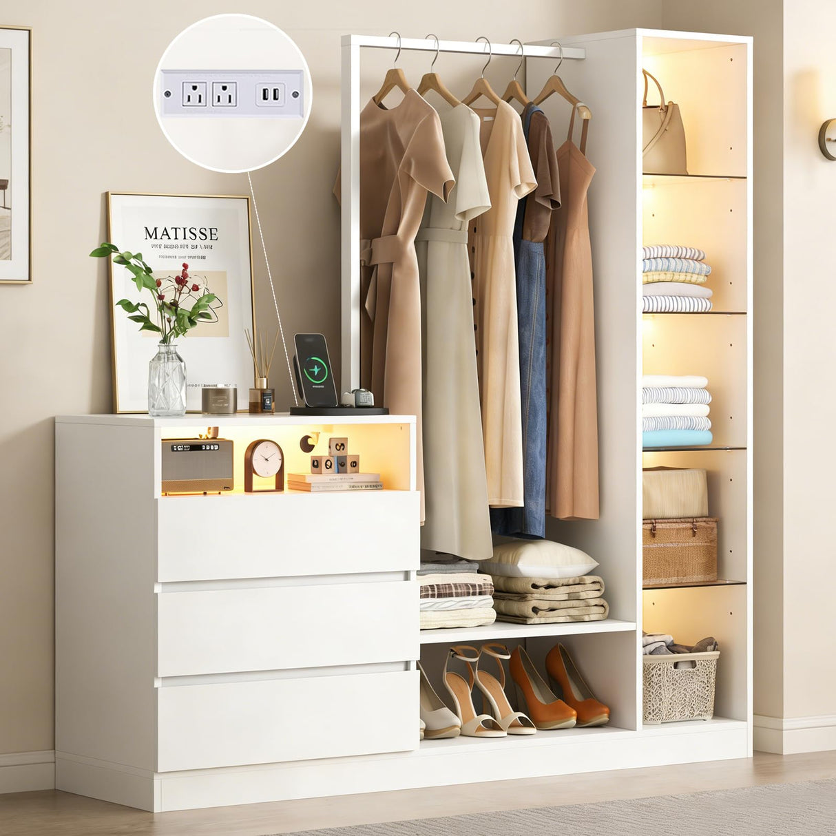 Wardrobe Dresser with Hanging Rack and Drawers - Led Wardrobe Dresser Combo with Charging Station, White Closet Organizers and Storage with Open Shelves, Armoire Clothes Cabinet for Bedroom (White) Auromie