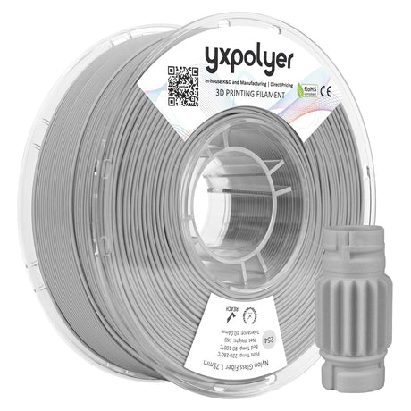 Nylon Glass Filled Filament Grey Nylon Glass Fiber 1.75mm PA GF 3D Printer Filament PA6-GF 1kg with Reusable PC Spool yxpolyer
