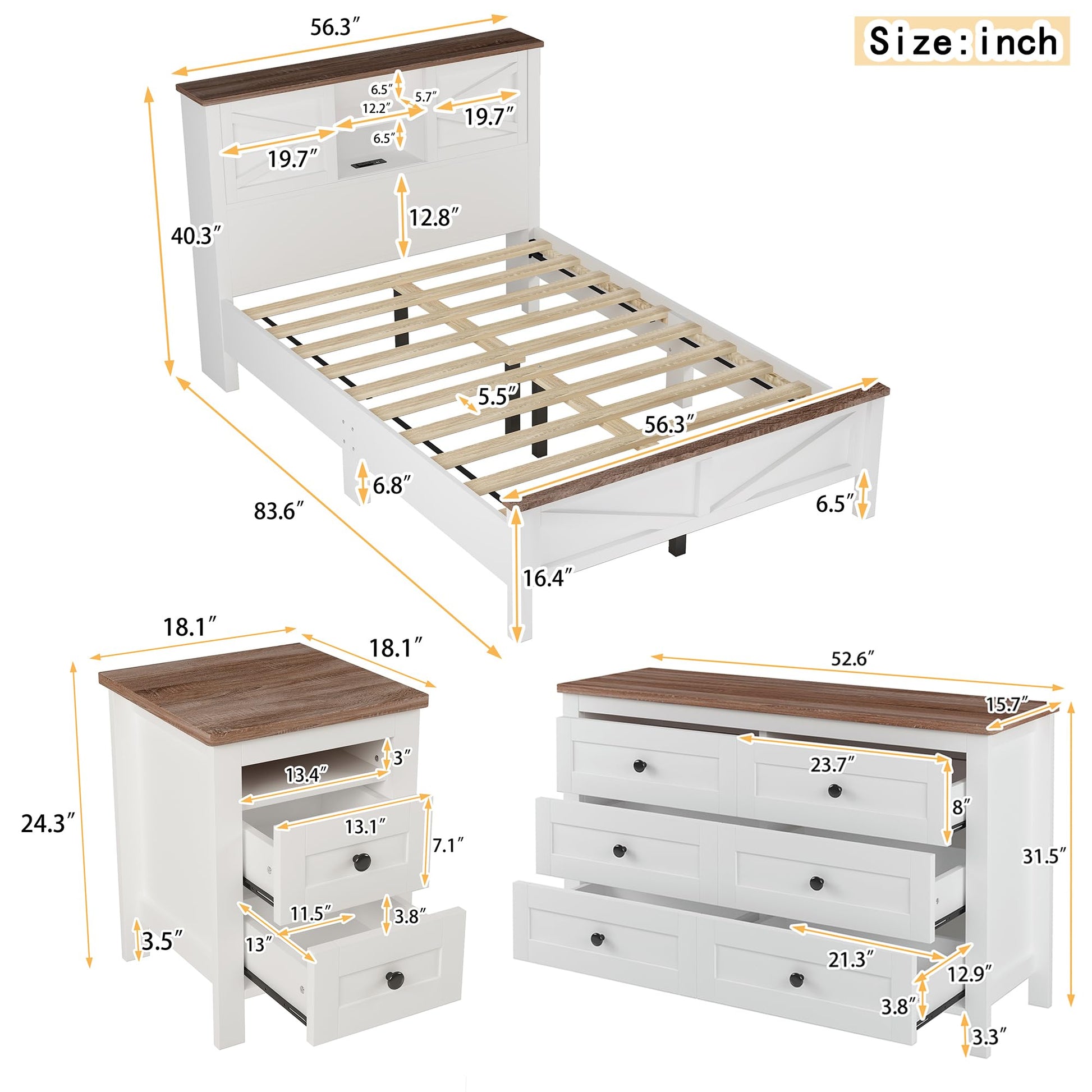 SOFTSEA 3 Piece Queen Bedroom Furniture Set with Platform Bed, Nightstand, and Dresser in White and Brown - WoodArtSupply