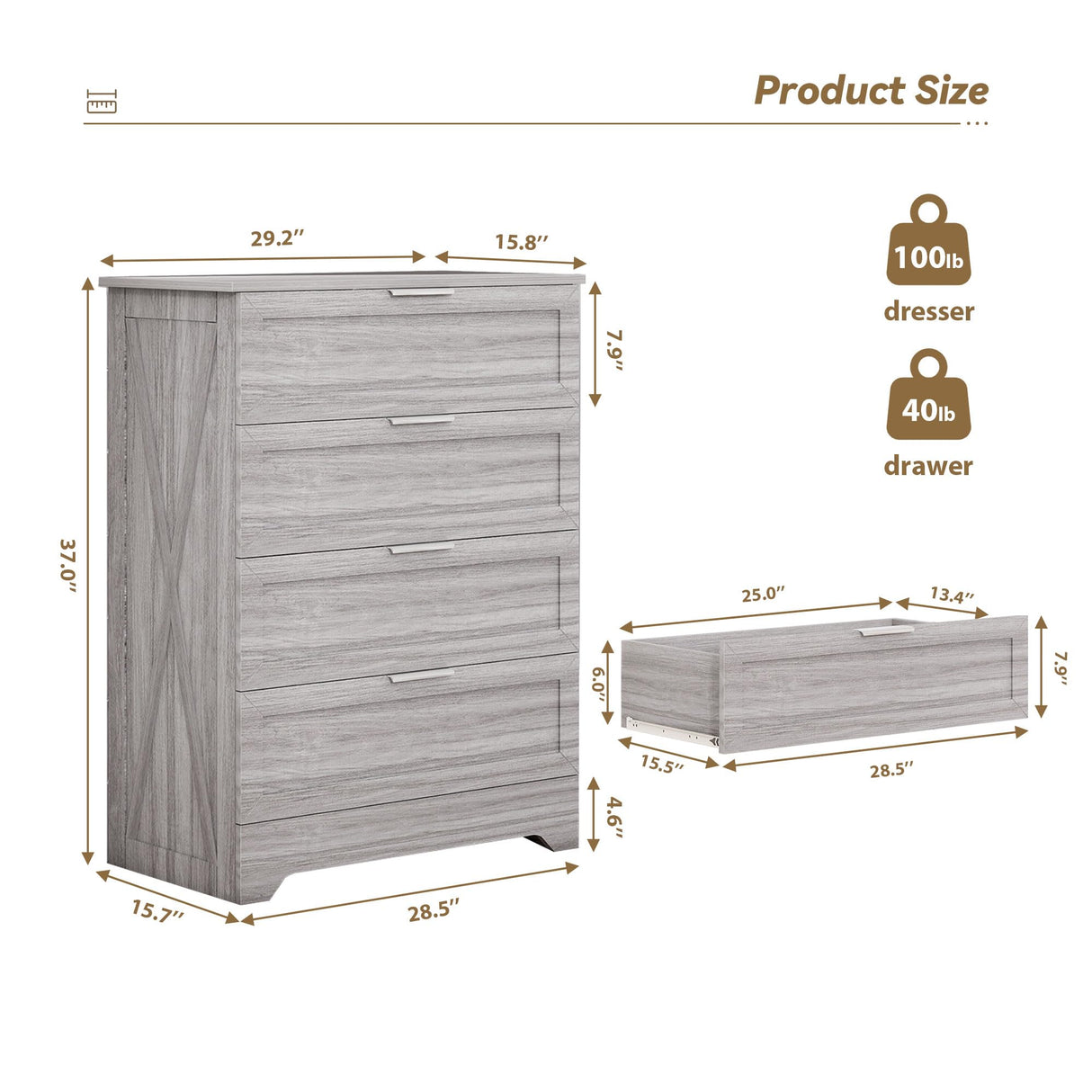FTZxHKLX Farmhouse 4 Drawer Dresser for Bedroom, Tall Bedroom Dresser with Large Drawer & Silver Handles, Wooden Storage Organizer Cabinet Chest of Drawer for Closet, Living Room, Hallway, Wash Grey FTZxHKLX