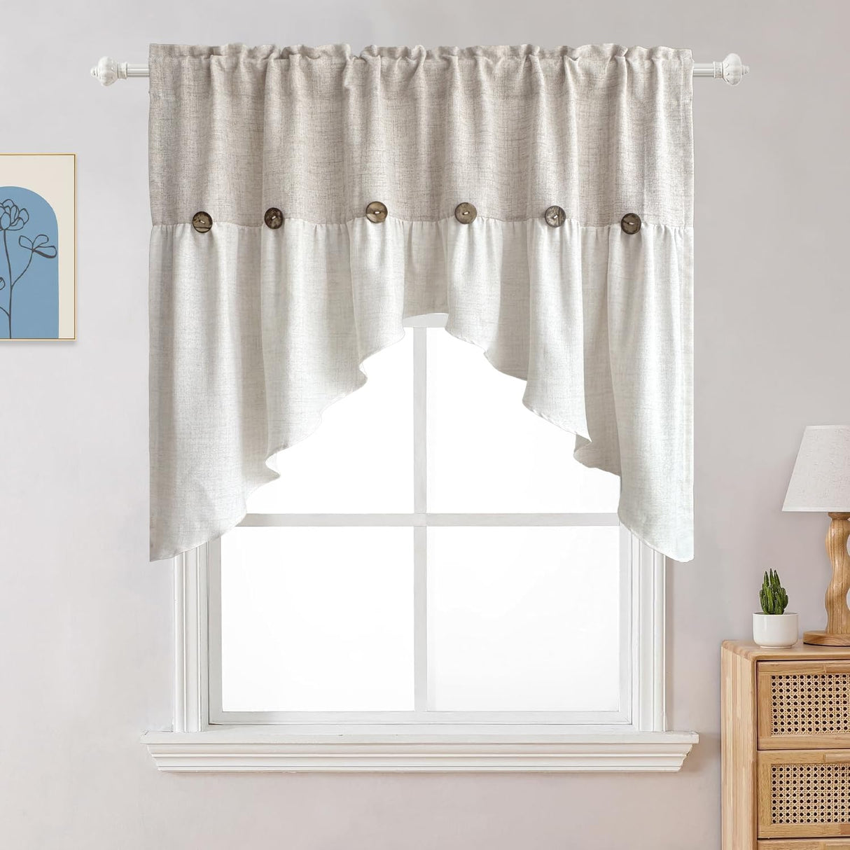 AiFMQQ Farmhouse Boho Linen Button Arched Valance Curtains for Kitchen Window Dining Room Cafe Valance for Small Windows Bathroom Macrame Valances Rod Pocket 1 Panel (Beige Arched, W52 L35 inch) AiFMQQ