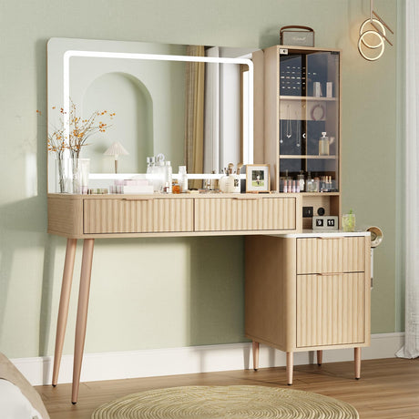 MODNEST 48" Vanity Desk with Mirror and Lights, Fluted Makeup Vanity Desk with 3 Drawers and Shelves, Dressing Table with Clear Glass Top for Bedroom, 48"x15.7"x53.5"，Oak Color MODNEST