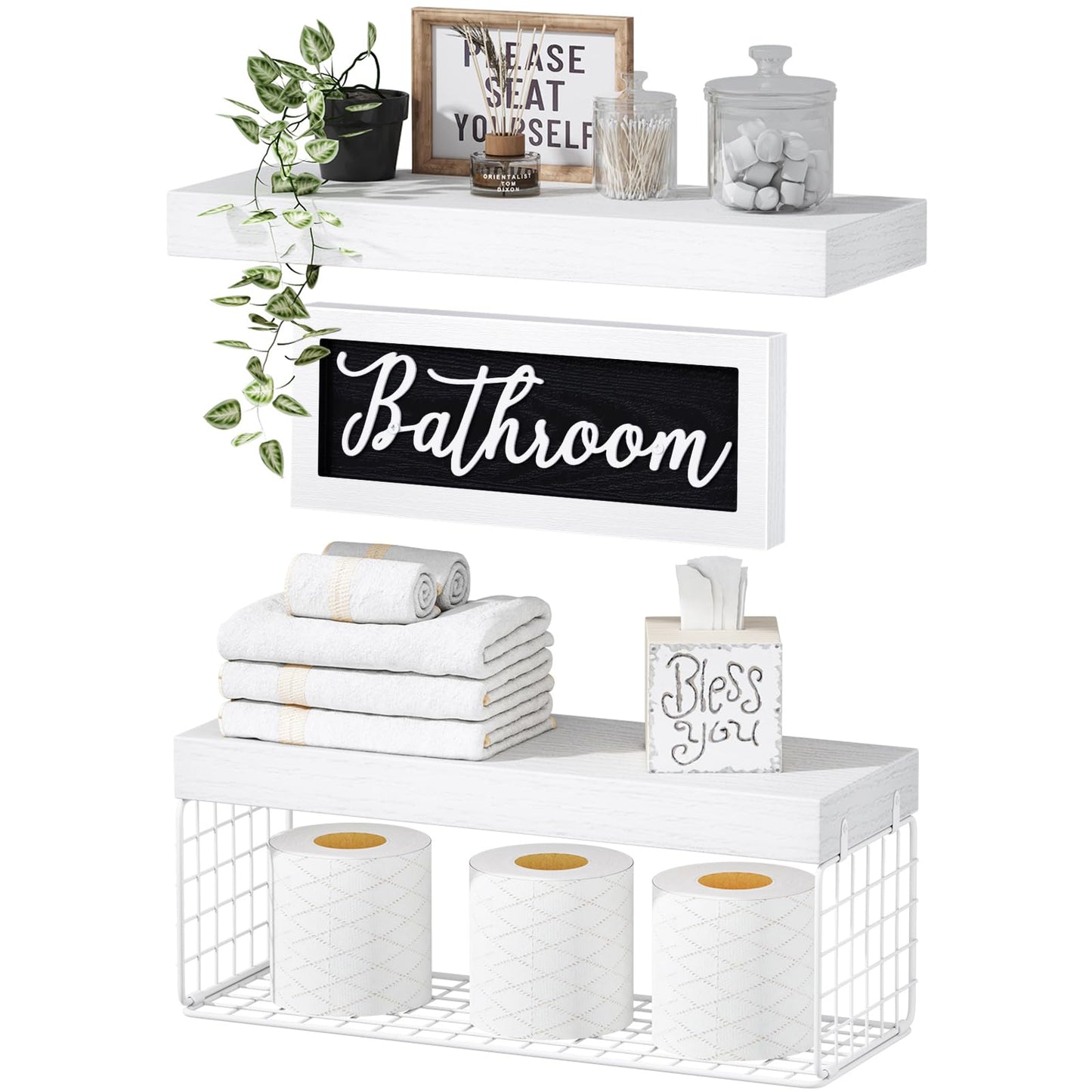 QEEIG ‎Bathroom Shelves Over Toilet Paper Storage Wall Mounted Farmhouse Decor Decorations Aesthetic Décor Sign Small Floating Wall Shelf 2+1 Set 16 inch, White (020WW)