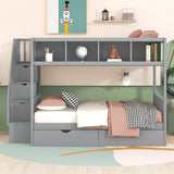 Bunk Bed Twin Over Full with Storage Staircase and 2 Drawers, Wooden Bunk Bed Frame with 4 Storage Shelves for Kids Boys Girls Teens (Gray@028) Brabrety