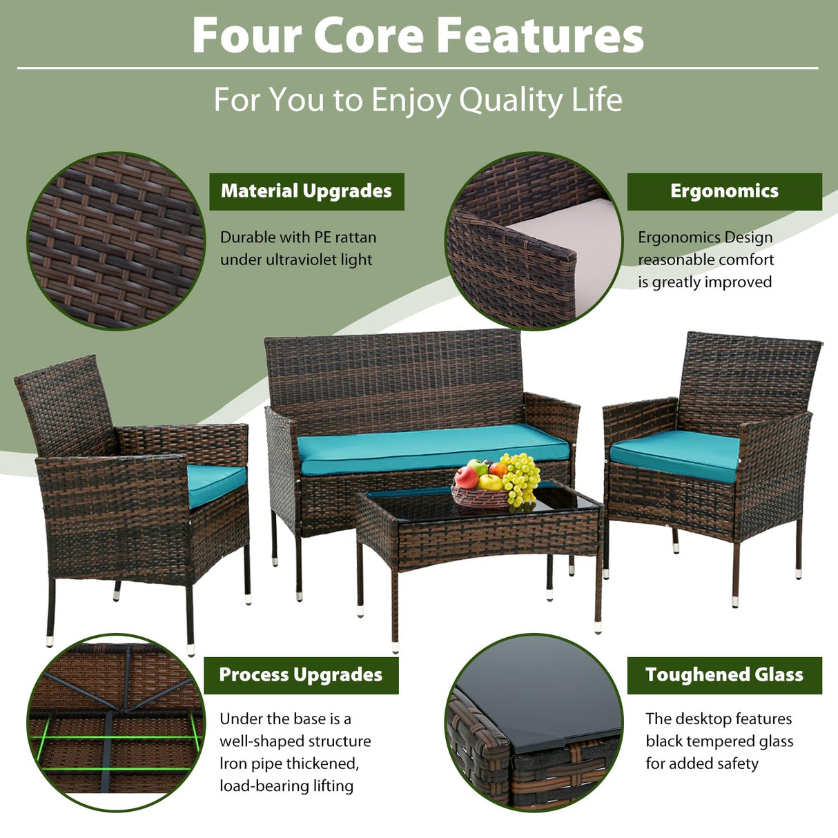 PayLessHere Outdoor Furniture Set 4 Pcs Modular Patio Furniture Set Water Resistant Conversation Set with 3 Rattan Chairs 1 Tempered Glass Topped Table for Patio Poolside, Brown Wicker/Blue Cushions PayLessHere