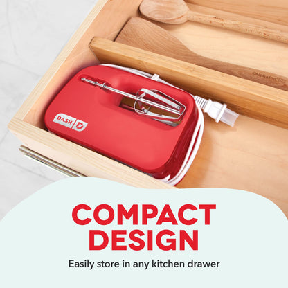 Dash SmartStore™ Compact Hand Mixer Electric for Whipping + Mixing Cookies, Brownies, Cakes, Dough, Batters, Meringues & More, 3 Speed, 150-Watt - Red