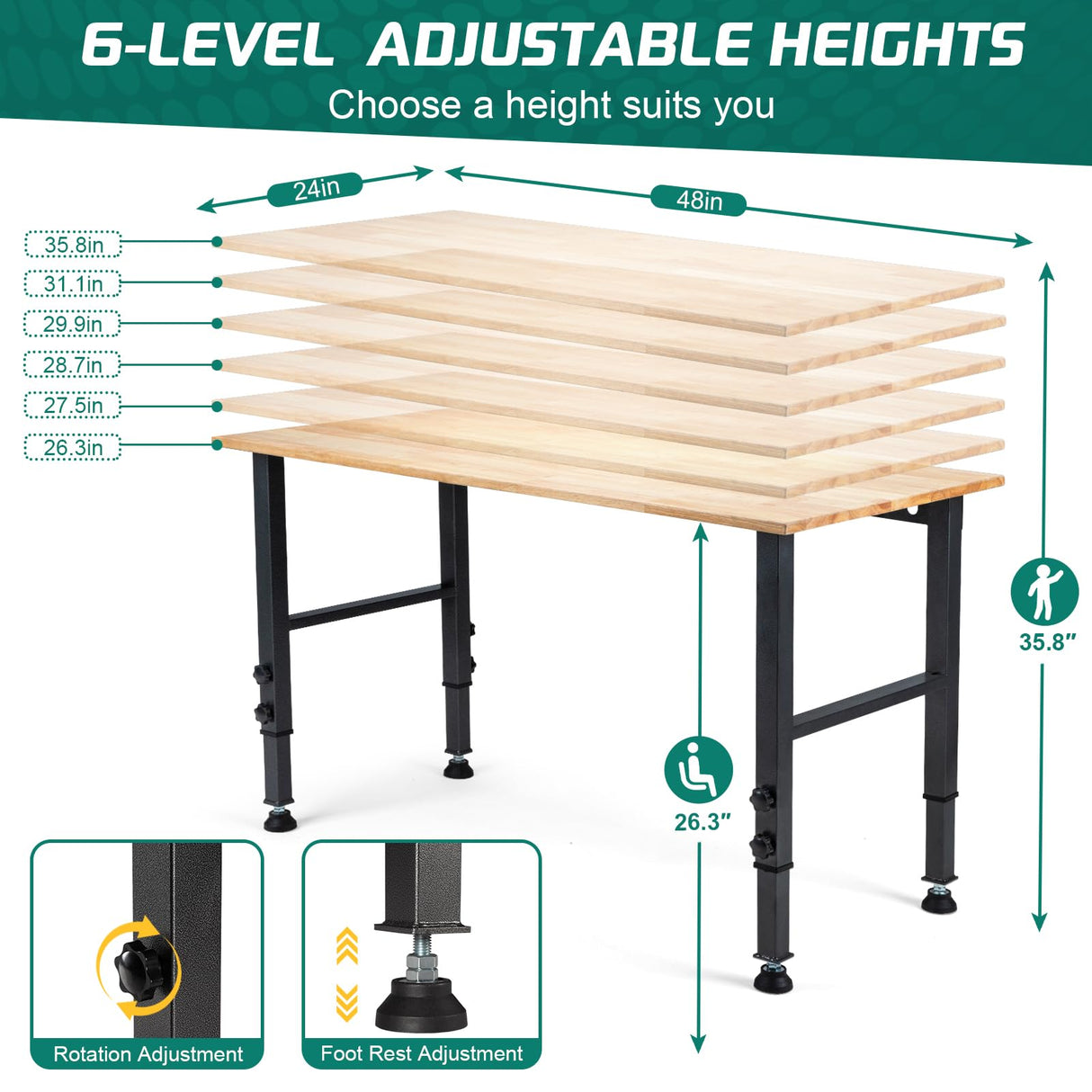 OLBRUS 48 "Adjustable Workbench, Heavy Duty 2000 LBS Load Capacity Hardwood Workbench Suitable for Workshop, Office, Garage, Home (Rubber Pad丨No Power Outlets 48"x24") OLBRUS