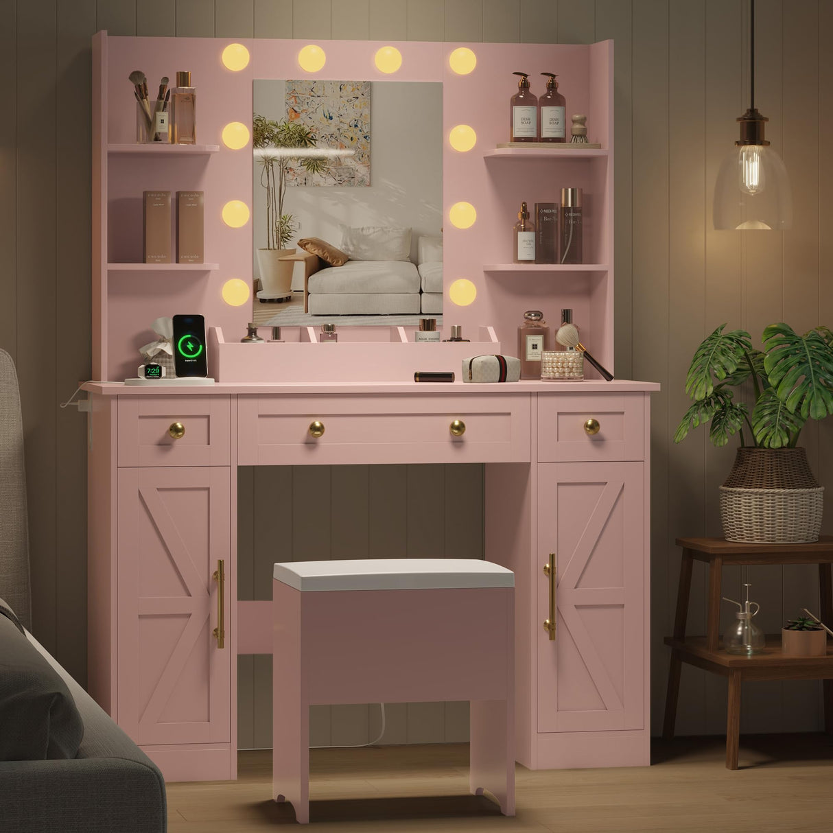 Vanity Makeup Desk with Mirror and Lights, Farmhouse Vanity Table Set with Storage Drawers, Charging Station & Chair, 43" Large Rustic Dressing Table, 3 Lighting Modes for Women Girls Bedroom, Pink Xixini