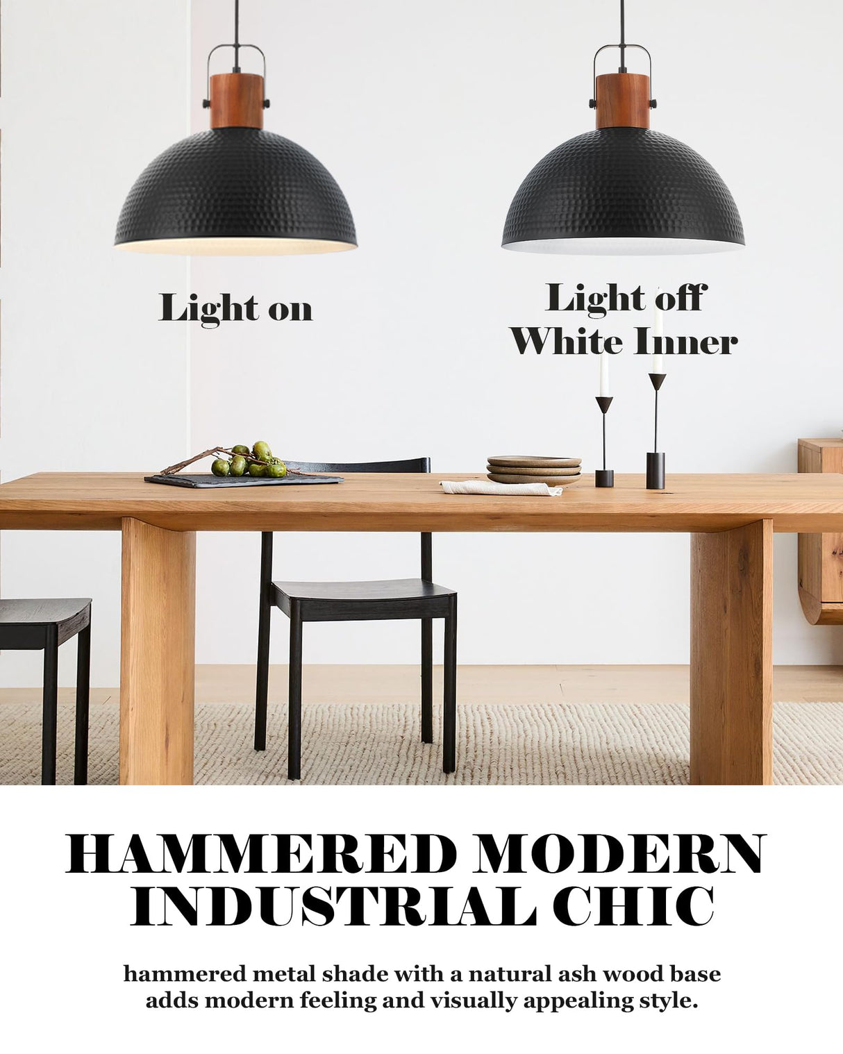 ELYONA 2 Pack Large Pendant Light Fixtures 16 Inch Hammered Metal Ash Wood Dome Ceiling Hanging Lamp, Industrial Kitchen Island Pendant Lighting for Farmhouse, Dining Room,Living Room, Black ELYONA