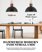ELYONA 2 Pack Large Pendant Light Fixtures 16 Inch Hammered Metal Ash Wood Dome Ceiling Hanging Lamp, Industrial Kitchen Island Pendant Lighting for Farmhouse, Dining Room,Living Room, Black ELYONA