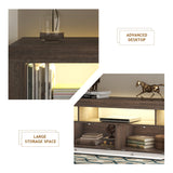 Clikuutory Modern LED TV Stand with Large Storage Drawer for up to 75 Inch TVs, Brown and White Doors, Wood Farmhouse TV Console with Glossy Entertainment Center for Living Room, Bedroom Clikuutory