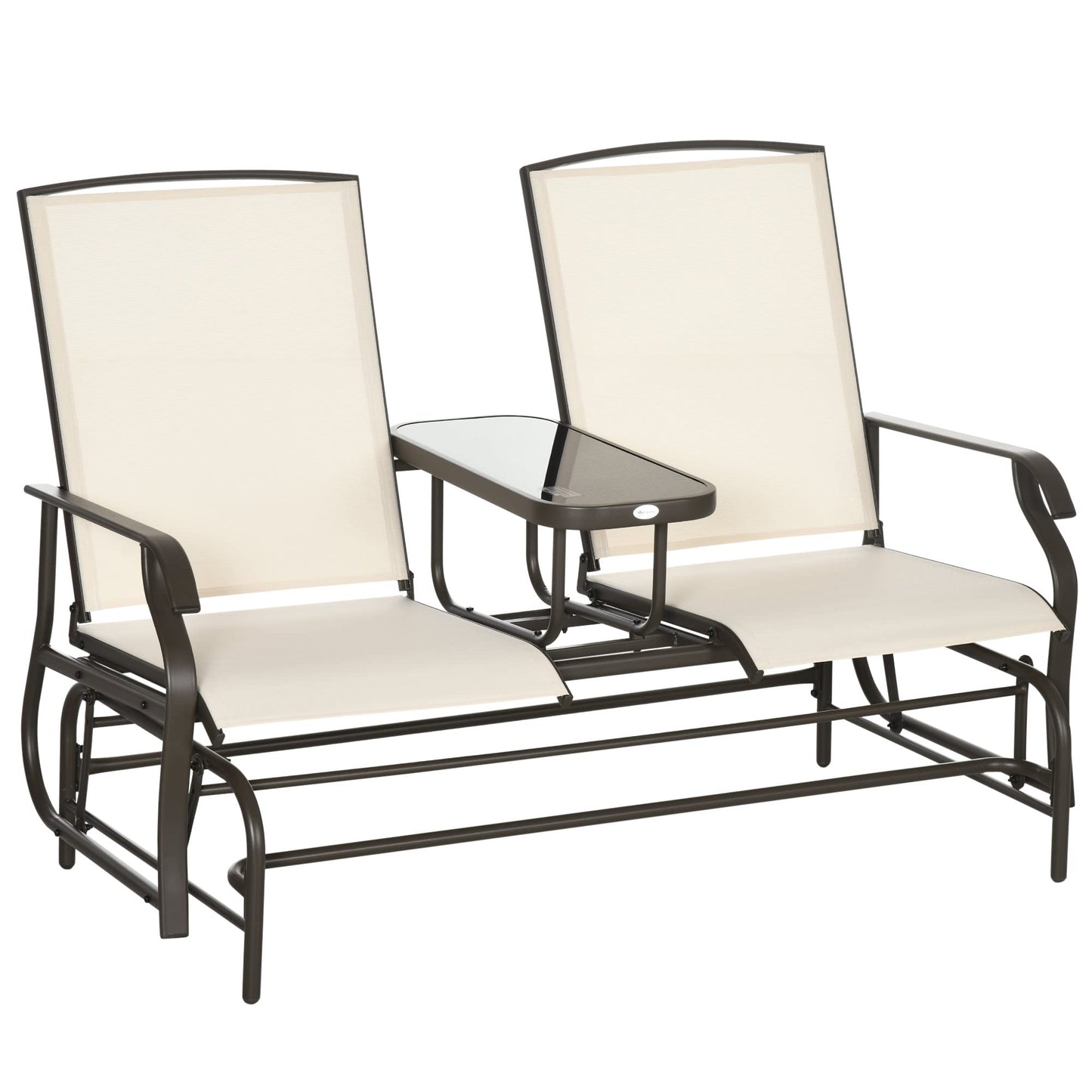 Outsunny Outdoor Glider Bench with Center Table, Metal Frame Patio Loveseat with Breathable Mesh Fabric and Armrests for Backyard Garden Porch, Beige - WoodArtSupply