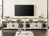 WAMPAT 2-in-1 TV Stand for 100+ Inch TVs, 31" Tall Farmhouse Entertainment Center with Rustic Mesh & Barn Doors, Wooden 118" Media Console with Adjustable Shelf & Yellow LED Lights, Antique White WAMPAT