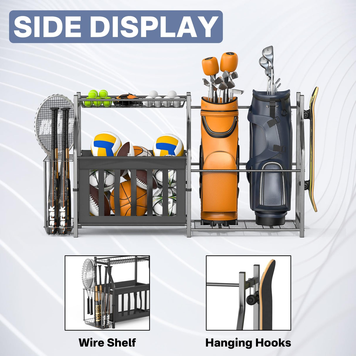 WALMANN Garage Sports Equipment Organizer, Ball Storage Stand, Indoor Golf Bags Stand for Garage WALMANN