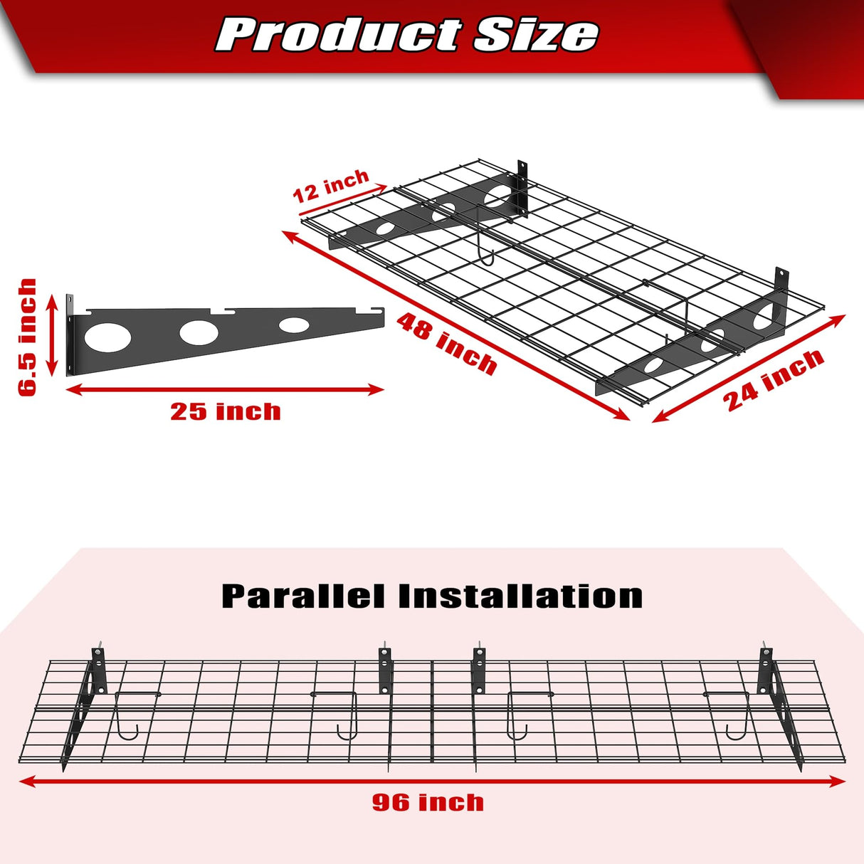 WALMANN 2 Pack Garage Wall Shelves, 2 x 4 ft/24 * 48 inch Wall Mounted Storage Shelves for Garage Heavy Duty Wall Shelving, Holds Up to 220 Lbs(Black) WALMANN