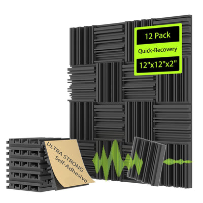 EEKIYA Sound Proof Foam Panels for Walls w/Self-Adhesive, Quick-Recovery Acoustic Panels Sound Absorbing, Sound Proofing Panels for Recording Studio, Home, Office (12pack, 12"x12"x2", 3D Grooves)