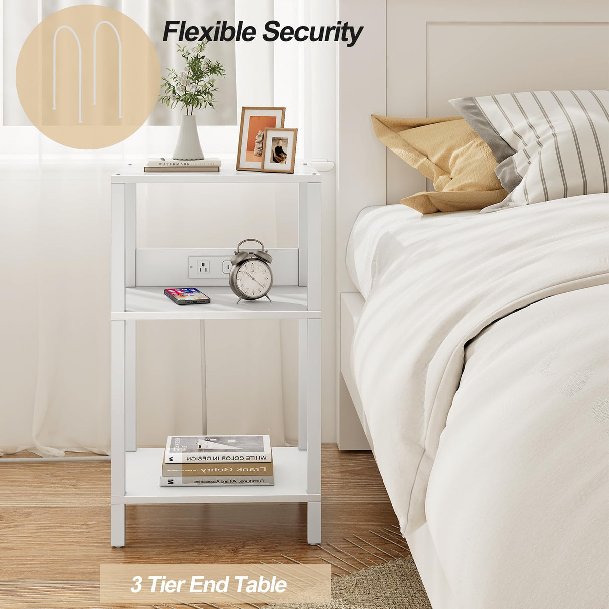 TUTOTAK Record Player Stand with Storage Up to 100 Albums，Record Storage Table,3 Tier End Table with Charging Station,Side Table for Living Room, Bedroom, White TB01BW076 TUTOTAK