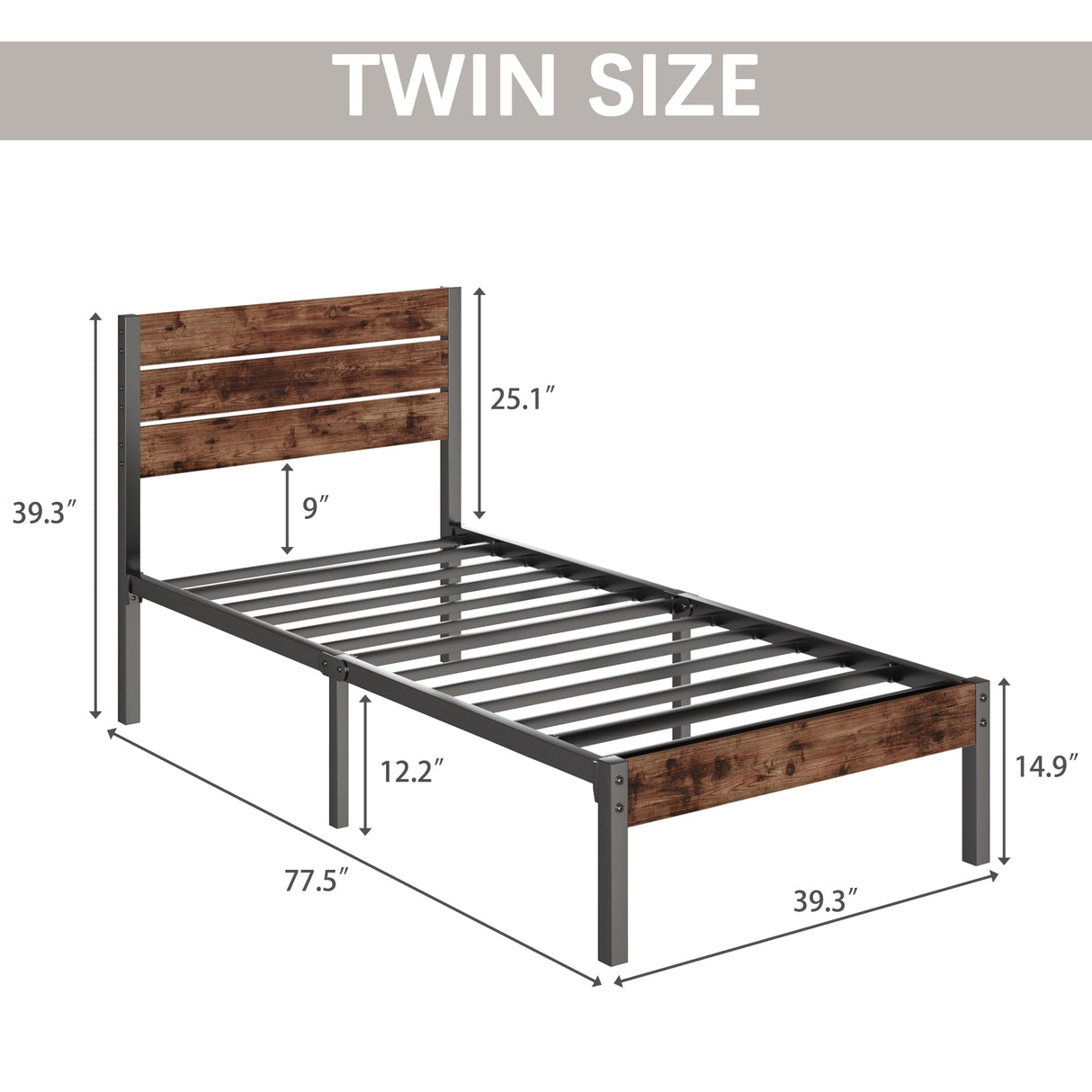 Fluest Twin Bed Frame with Headboard and Footboard, Metal Twin Bed Frame with Under Bed Storage, All-Metal Support System, No Box Spring Needed, Easy Assembly,Rustic Brown Fluest