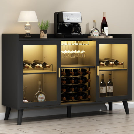 Loomie Wine Bar Cabinet with LED Light, Home Coffee Cabinet with Wine Rack and Glass Holder, Kitchen Buffet Sideboard W Storage Shelf, Freestanding Liquor Cabinet for Living Room, Dining Room (Black) Loomie