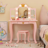 Costzon Kids Vanity with Lights, Girls Vanity Set with Mirror and Stool, Drawer, 2 in 1 Princess Makeup Desk Dressing Table, Toddler Vanity, Pretend Play Kids Vanity Table and Chair Set (Pink) Costzon
