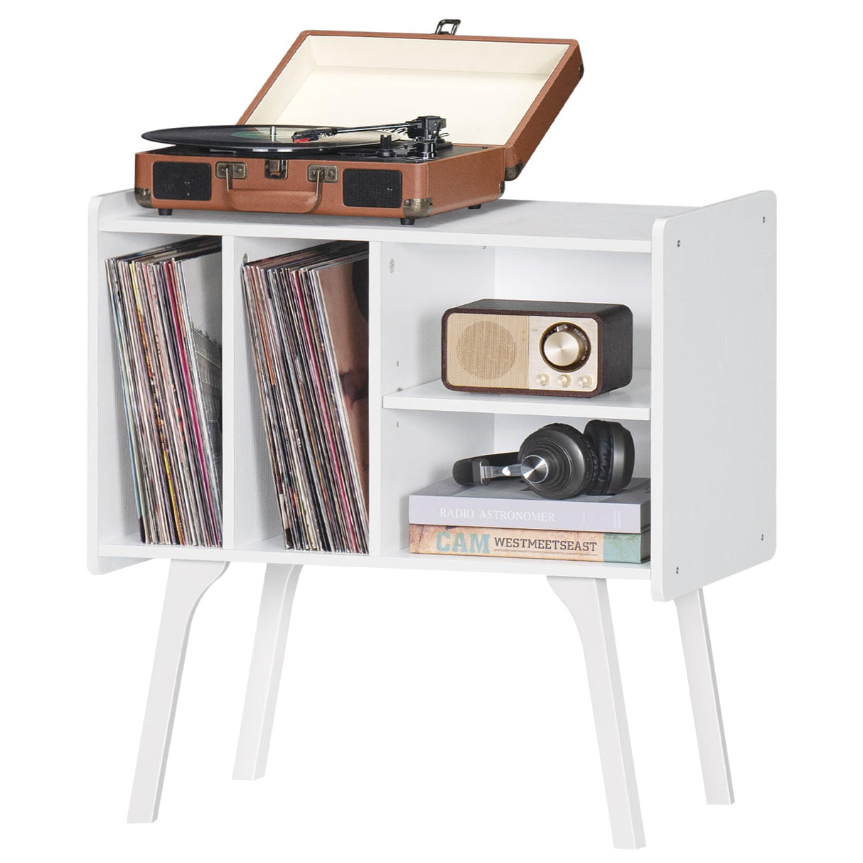 LELELINKY Record Player Stand,Vinyl Record Storage Table with 4 Cabinet Up to 120 Albums,Mid-Century Turntable Stand with Wood Legs,White Vinyl Holder Display Shelf for Bedroom Living Room LELELINKY