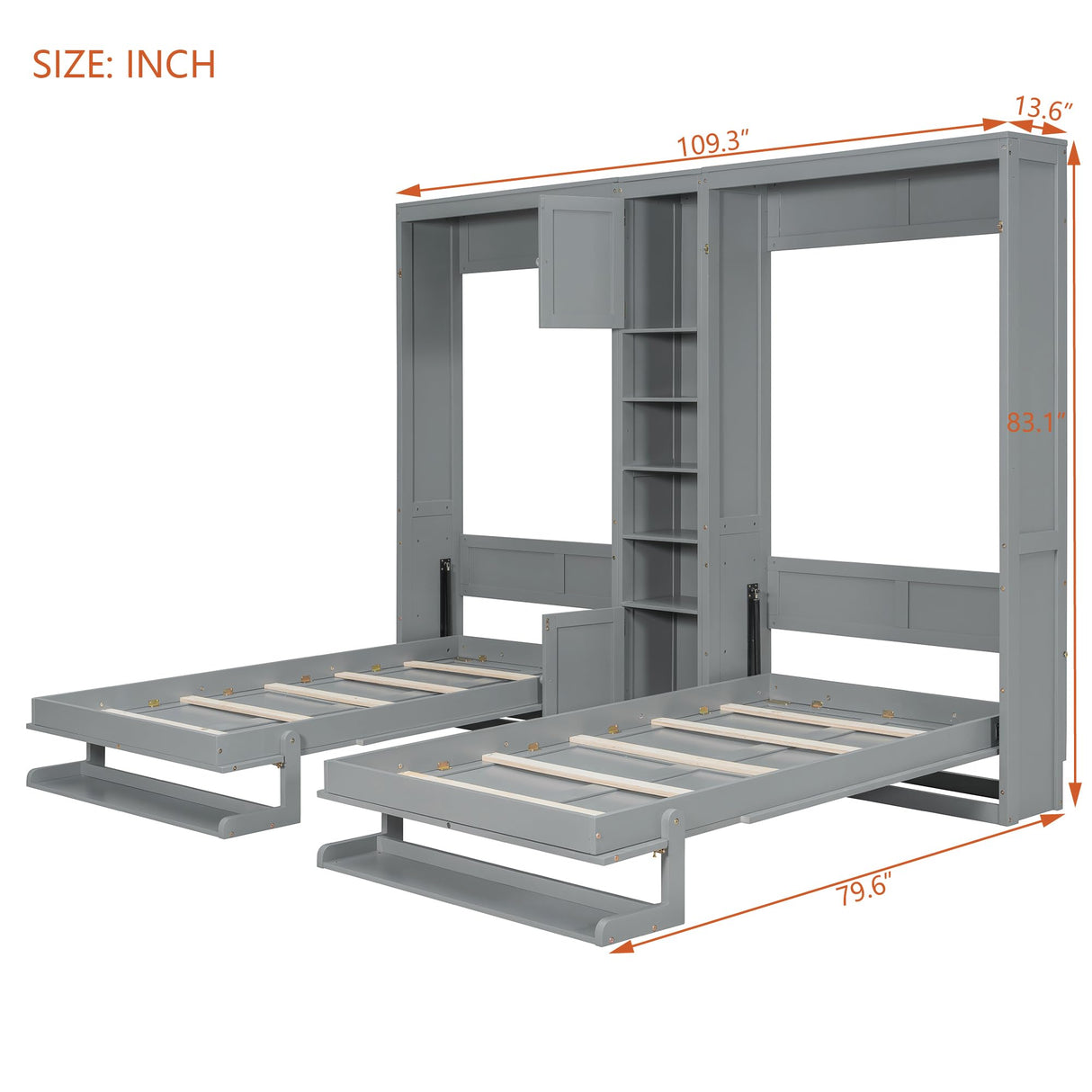 2-in-1 Design Dual Murphy Bed Twin Size with Cabinets and Shelves, Wood Wall Murphy Bed, Can be Folded Platform Bed with Convertible Shelf-Legs for Guest Room Home Office (Gray-7.23) XD Designs