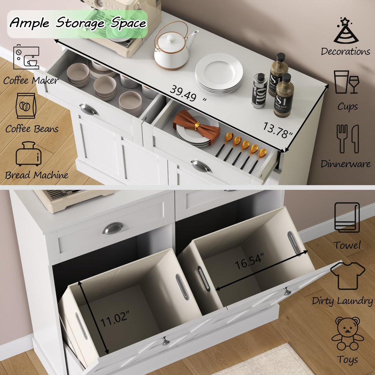 Loomie Double Tilt Out Laundry Hamper Cabinet, Hidden Laundry Cabinet with 2 Drawers & 2 Laundry Storage Baskets, 30 Gallon Trash Can Cabinet, Storage Cabinet for Bathroom, Laundry Room,Kitchen, White Loomie