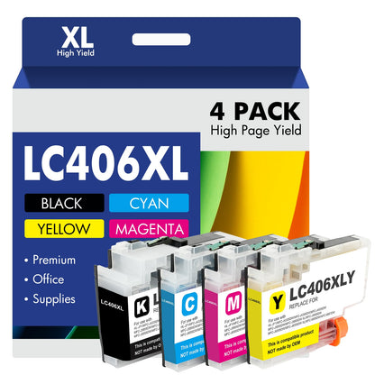 LC406 LC406XL Ink Cartridges for Brother Printer 406XL LC 406 XL for MFC-J4335DW MFC-J5855DW MFC-J6555DW MFC-J4535DW MFC-J6955DW MFC-J4345DW MFC-J5955DW - 4 Pack High Yields Black Cyan Magenta Yellow