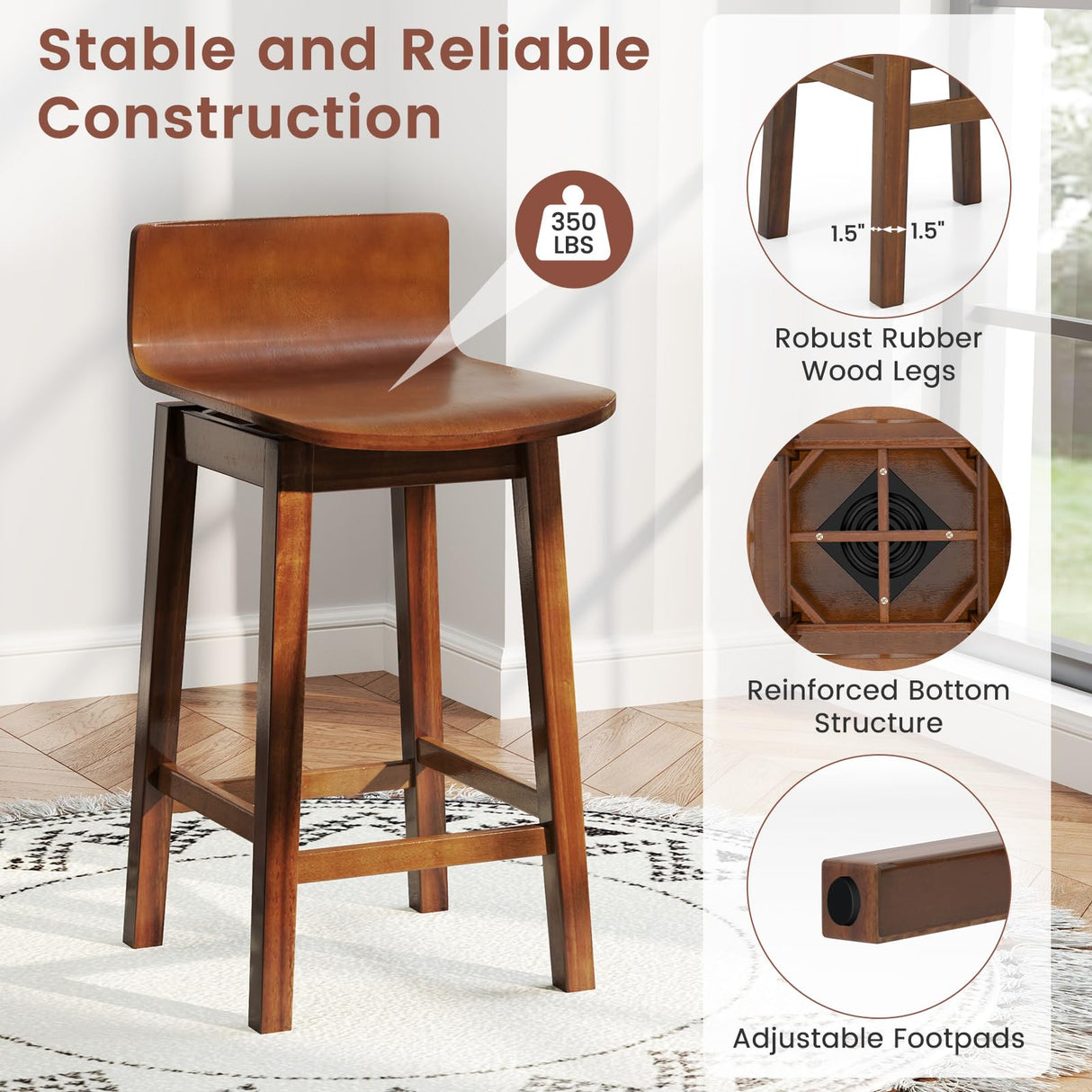 Giantex Swivel Bar Stools Set of 4, 24.5" Counter Height Wooden Bar Chairs w/Rubber Wood Legs, Low Back, Footrest, Farmhouse Armless Barstools for Kitchen Island Dining Room Pub Breakfast, Walnut Giantex