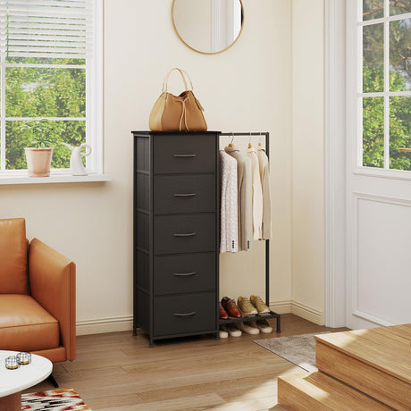 Somdot Dresser with Hanging Rack,5 Drawers Small Closet for Bedroom,Reversible Dresser with Clothes Rack,Kids Dressers for Bedroom Chest of Drawers,Tall Storage Tower,Black Somdot