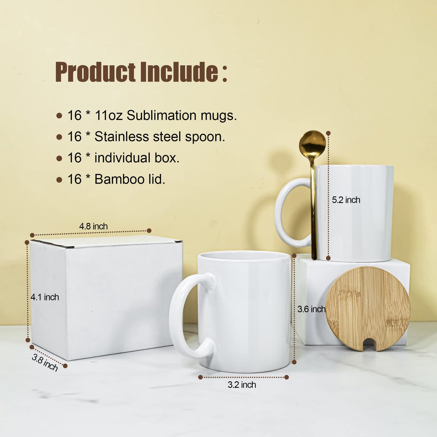 AGH 16pcs 11 Oz Sublimation Mugs Blank, White Coffee Ceramic Mugs Bulk, Plain Mug Cups for Sublimation with Bamboo Lids and Stainless Steel Spoon For Coffee, Soup, Tea, Milk, Latte, Hot Cocoa