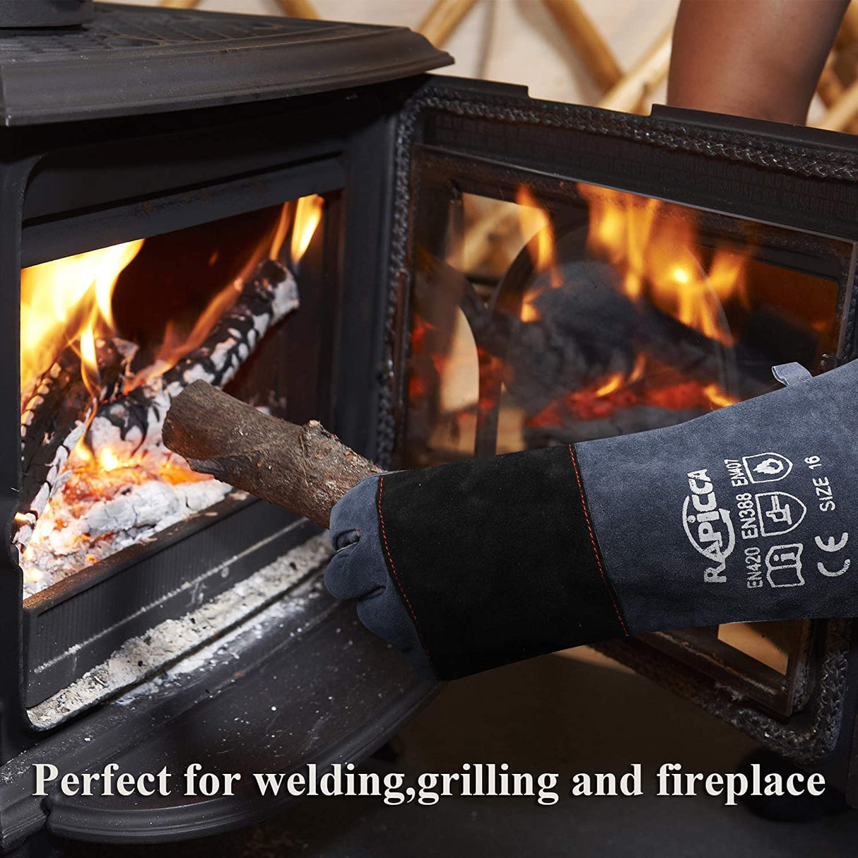 RAPICCA Fireplace Gloves Fire Heat Resistant: Dark-Grey 16IN 932℉ - Fireproof Leather for Fireplace Fire Pit Wood Stove Campfire Furnace BBQ Grill Stick Mig Welding Welder Gear - One Size RAPICCA