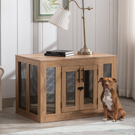 Pipleo Dog Crate Furniture with Tray and Cushion, Wooden Dog Crate Kennel with Double Doors, Dog Crate End Table for Small Medium Large Dogs, Indoor Heavy Duty Dog Crates Cage Furniture (Wood, M)